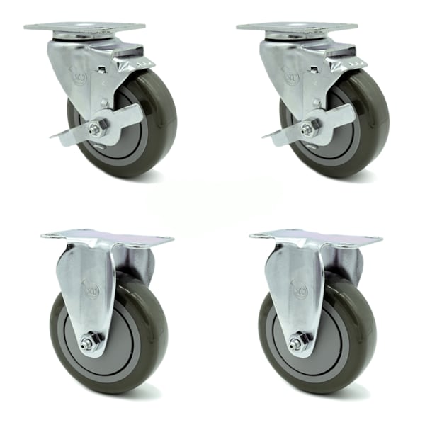 4 Inch Gray Polyurethane Wheel Swivel Top Plate Caster Set with 2 Brake 2 Rigid